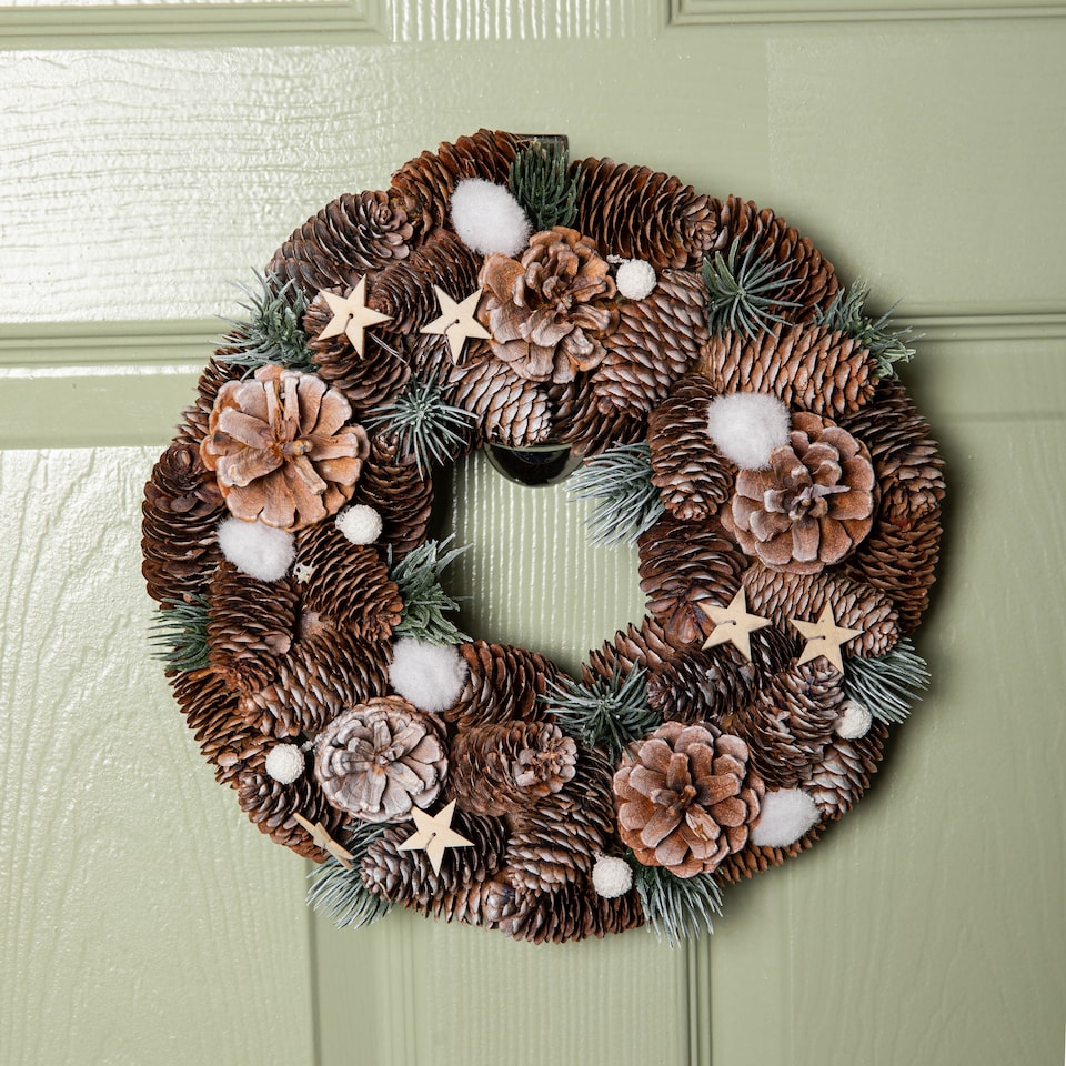 image 1 of 30cm Frosted Hanging Christmas Wreath with Pine Cones & Wooden Stars