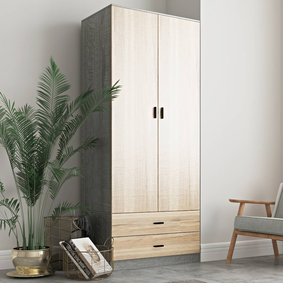image 1 of 2-Door 2-Drawer Wardrobe with Storage Shelf, and Hanging Space - 180x75x46cm | Grey | Ash Grey & Oak | 1
