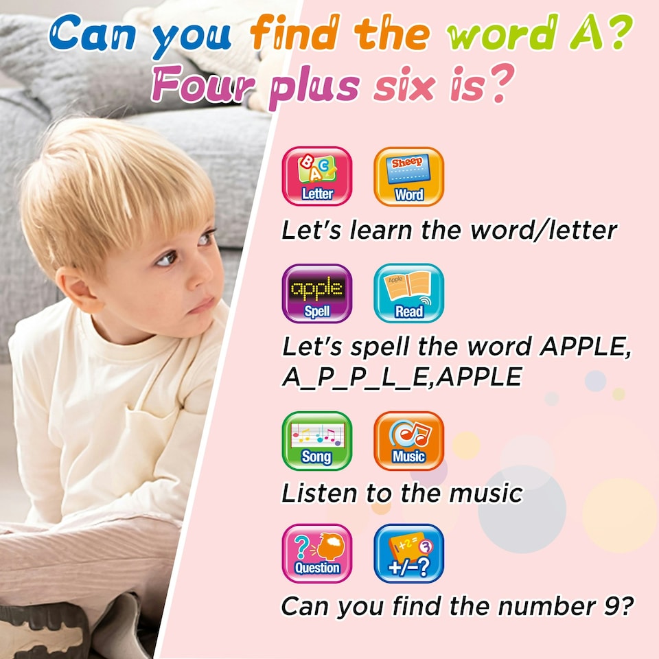 image 1 of Toddler Learning Tablet – Multi-Function Educational Musical Touch Pad with LED Screen, Piano, Animal Sounds, Numbers, Letters, and Quiz Modes for Kids (Pink)