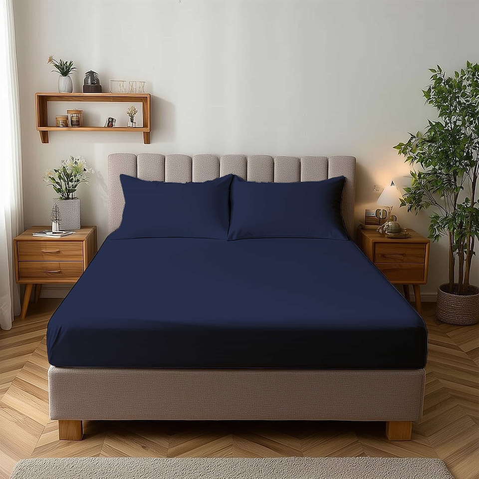 image 1 of Microfibre Soft Touch Fitted Sheet 25cm Skirt Plain Dyed Bed Linen | Blue | Navy Blue | Small Double