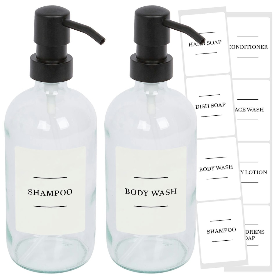 image 1 of Harbour Housewares Glass Soap Dispensers with Labels - 500ml - Clear/White - Pack of 2