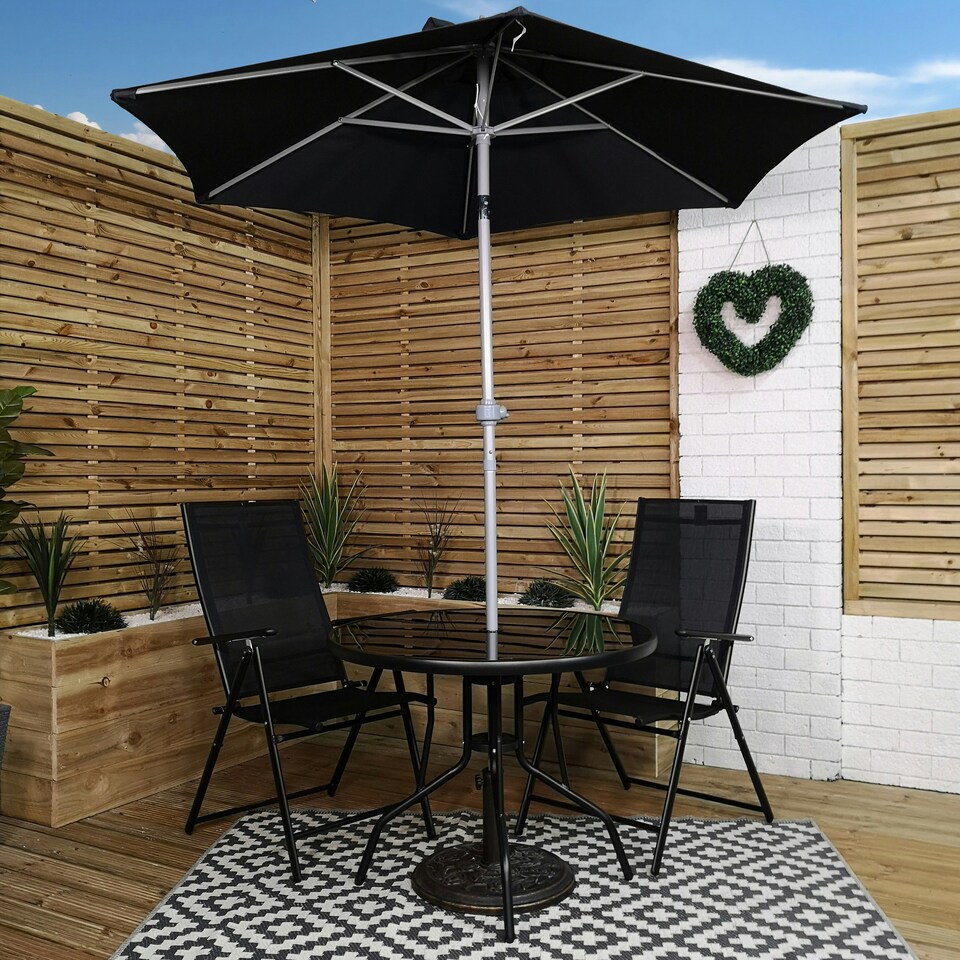 image 1 of Outdoor 2 Person Round Glass Top Garden Patio Dining Table Chairs Black Parasol and Base Set