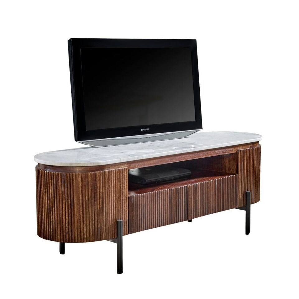 image 1 of Miel Mango Wood Tv Cabinet With Marble Top and Metal Legs Brown