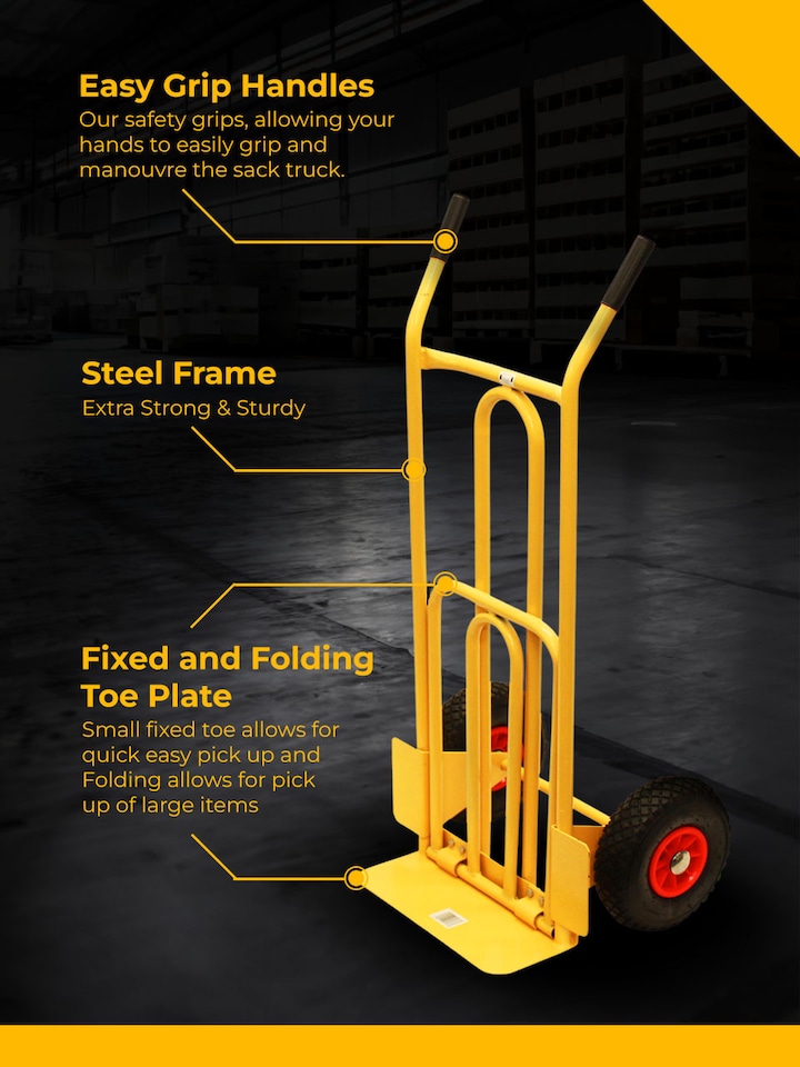 image 1 of CGV380 Heavy Duty Folding & Fixed Toe Sack Truck, Pneumatic Wheels with 200kg Capacity, Yellow | Yellow