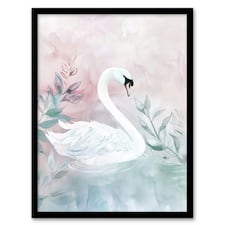 Swan Lake Pink Green Watercolour Living Room Black Framed Wall Art Print A4