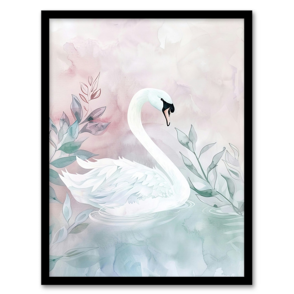 image 1 of Swan Lake Pink Green Watercolour Living Room Black Framed Wall Art Print A4