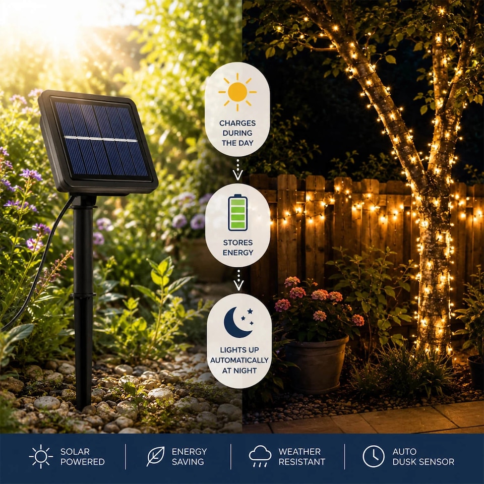 image 1 of Coopers Of Stortford Solar String Lights 200 LED 21.9m 8 Light Effects