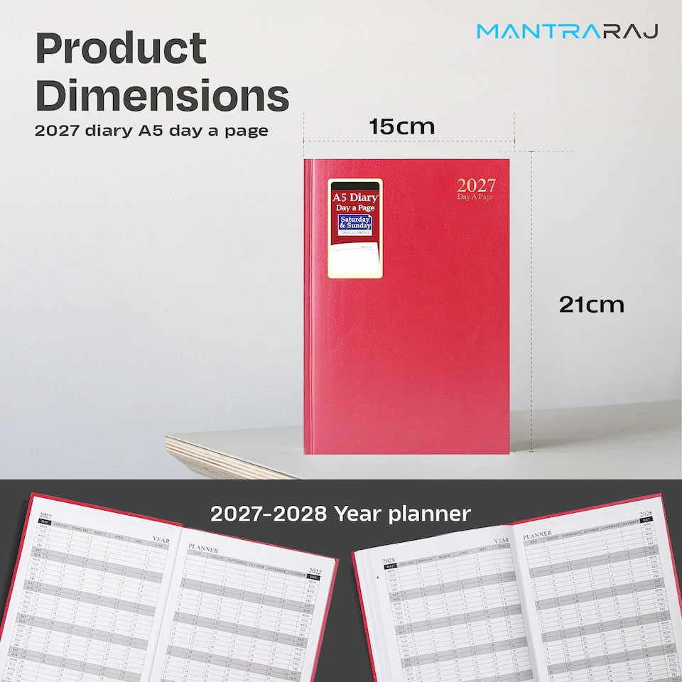 image 1 of MantraRaj 2027 Diary A5 Day a Page Hardback Casebound Cover Desk Diary Organiser Planner Red