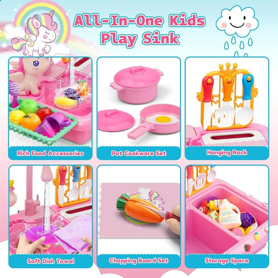 image 1 of Kids Kitchen Sink Playset with Real Running Water Food Accessories Cookware Hanging Rack and Storage Space