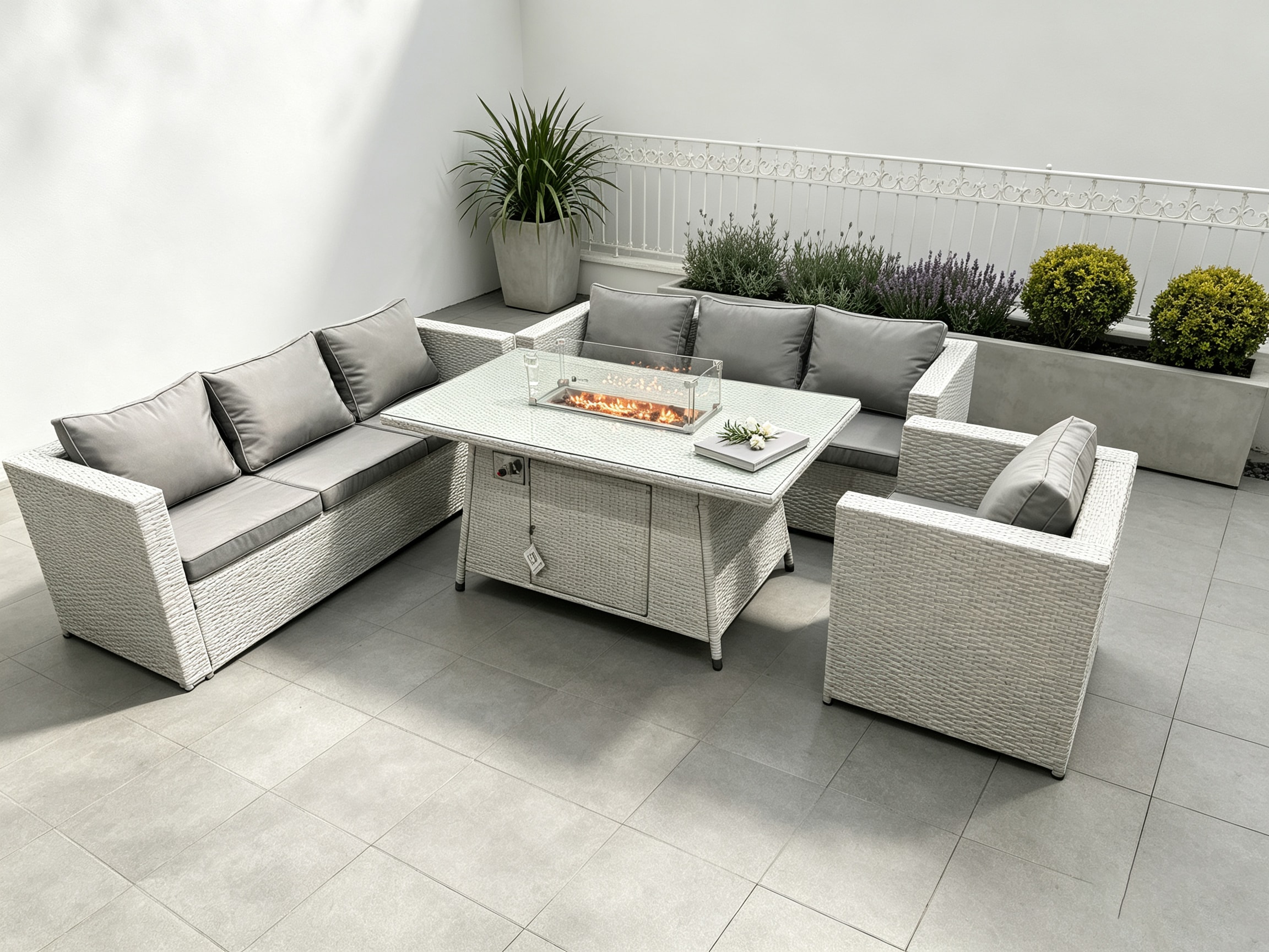Fimous 7 Seater Outdoor Garden Dining Sets Rattan Furniture Gas Fire Pit Dining Table Gas Heater with Armchair Light Grey