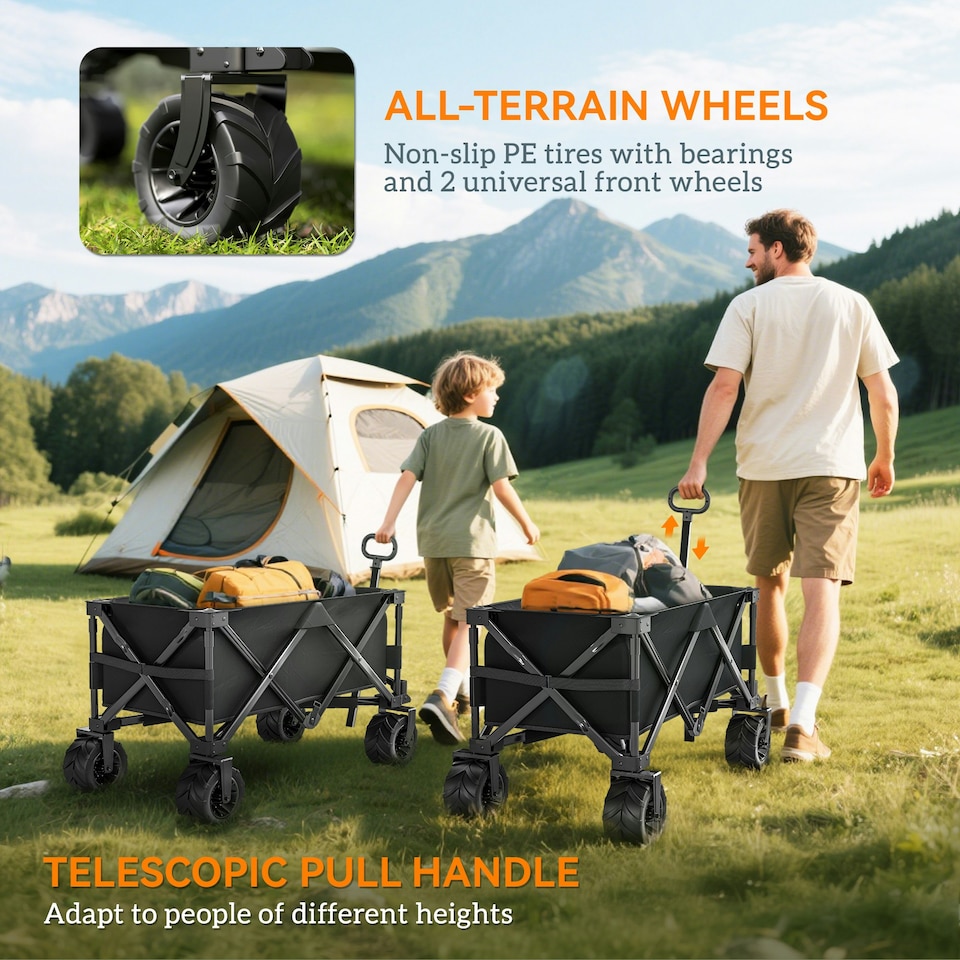 image 1 of Outsunny Outdoor Pull Along Garden Trolley on Wheels Folding Beach Cart Black