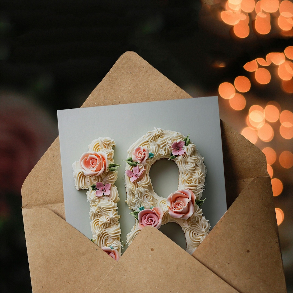 image 1 of Fancy Floral Number Cake 18 Eighteen Woman Her Birthday Card