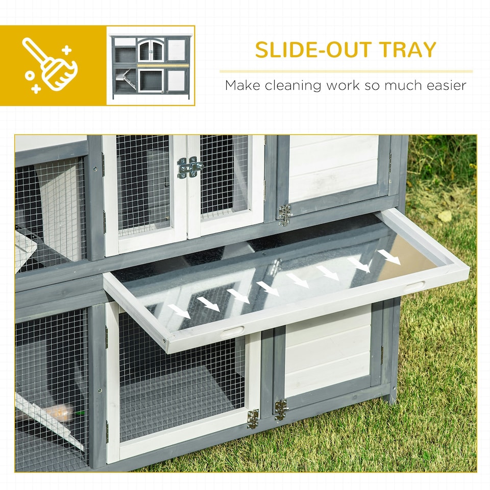 image 1 of PawHut Rabbit Hutch, Guinea Pig Hutch 2-Tier Wooden Cage w/ Ramp Roof, Grey