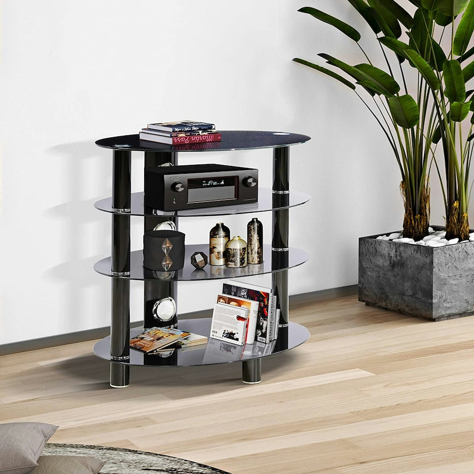 image 1 of Centurion Supports HALIGON 4-Shelf Oval Premium Gloss Black Glass with Black Legs AV Rack Black