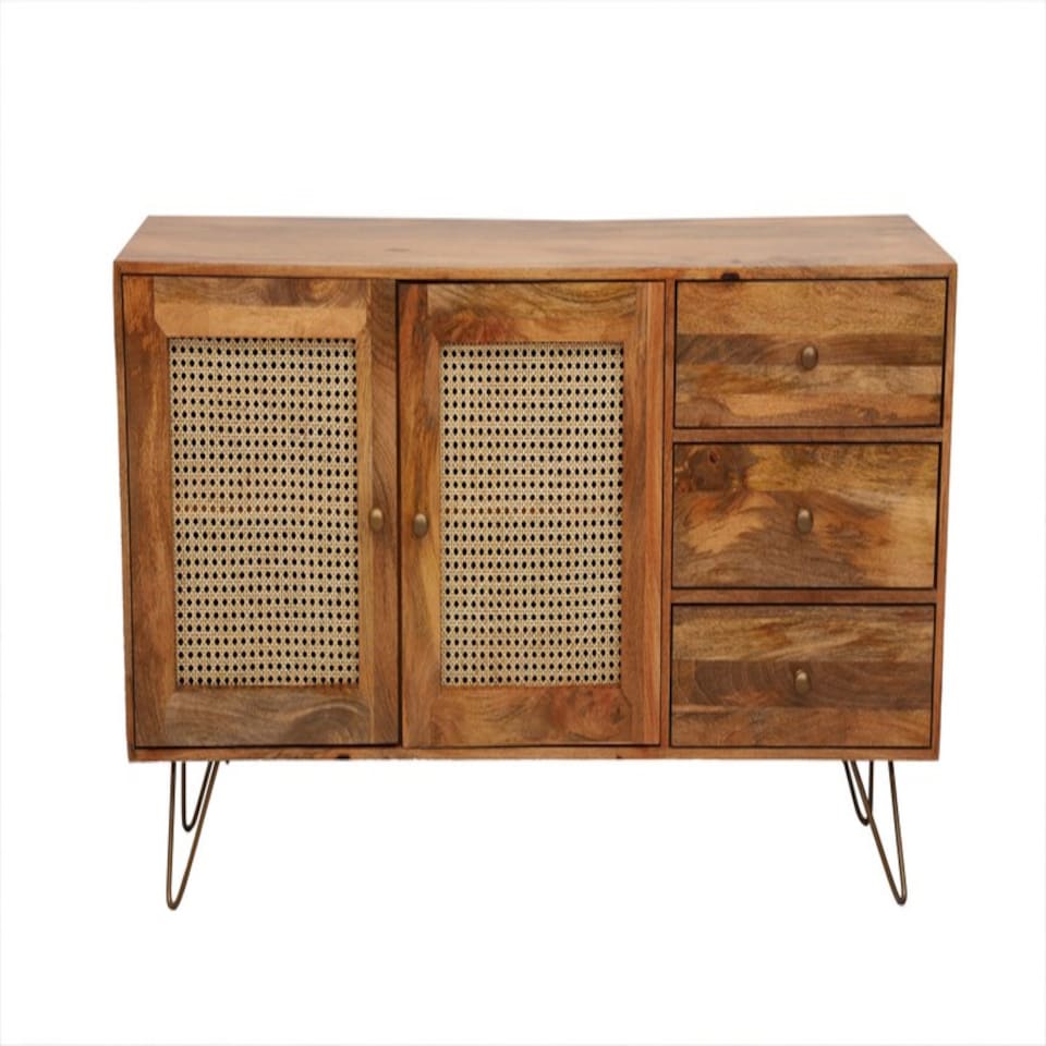 image 1 of Nyack Large Sideboard - Mango Wood/Iron - L40 x W145 x H80 cm - Light Brown with Natural Rattan - Assembly Required | Brown