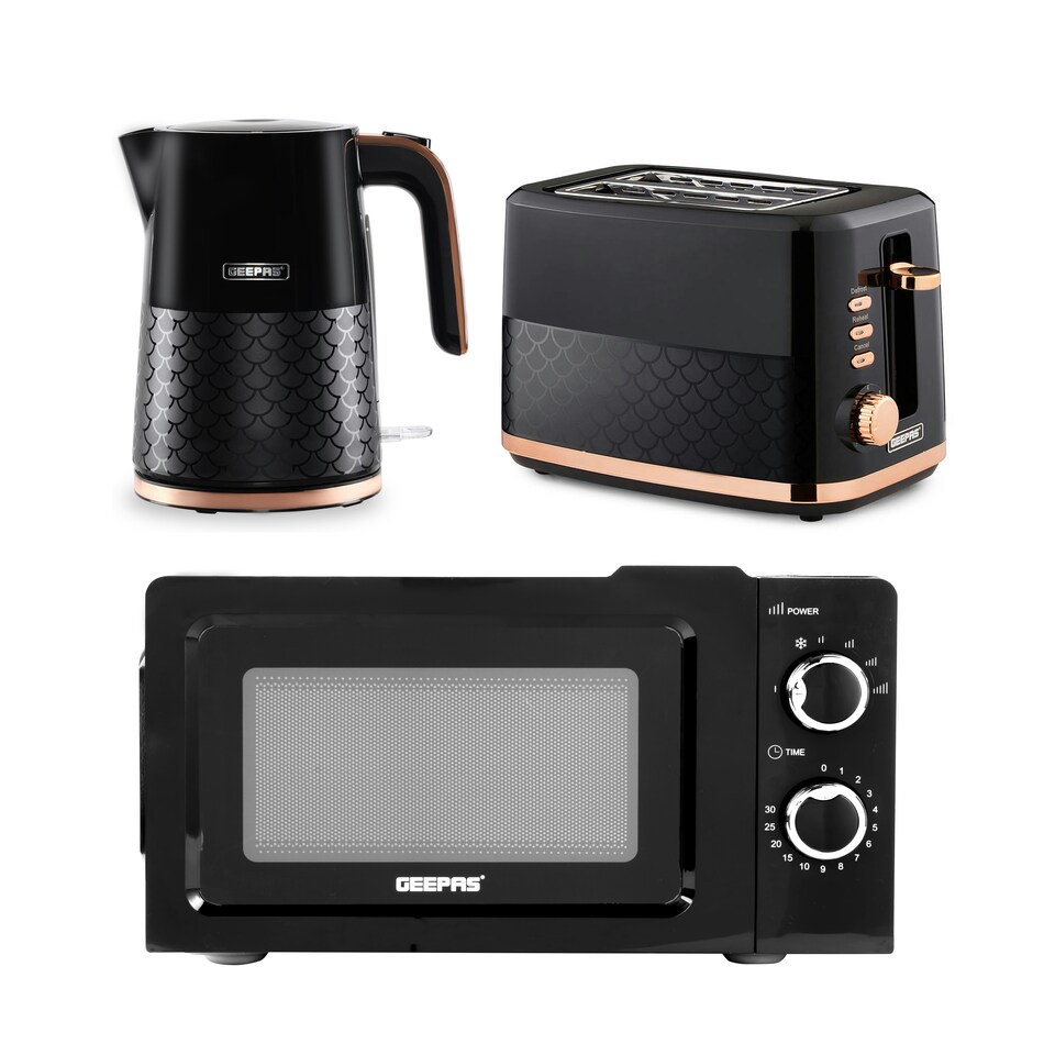 image 1 of GEEPAS 700W Solo Manual Microwave, 1.7L Electric Kettle & 2 Slice Bread Toaster Kitchen Set