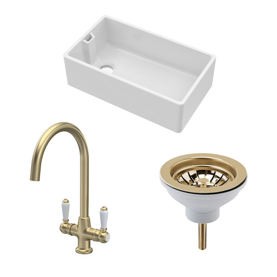 image 1 of Fireclay Kitchen Bundle - Single Bowl Belfast Sink, Strainer Waste & Mono Lever Tap, 795mm - Brushed Brass - Balterley