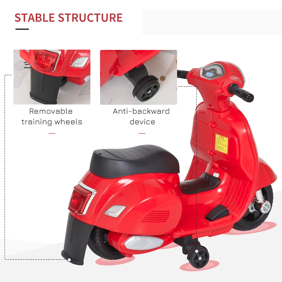 image 1 of HOMCOM Vespa Licensed Kids Ride On Motorcycle, 6V Battery Powered, Red