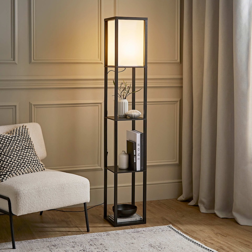image 1 of ValueLights Struttura Black Shelving Floor Lamp Fabric Shade