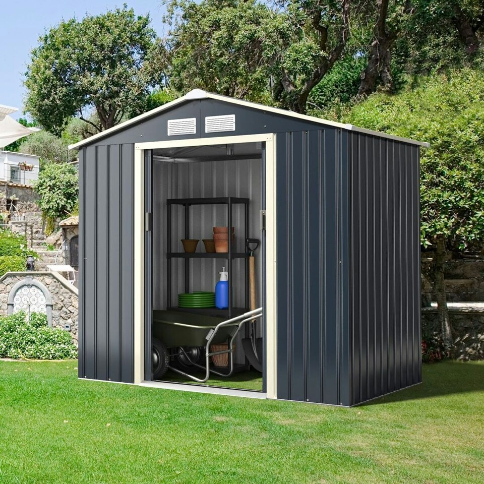 image 1 of COSTWAY 7FT x 4FT Outdoor Storage Shed Tool Utility Storage House Grey