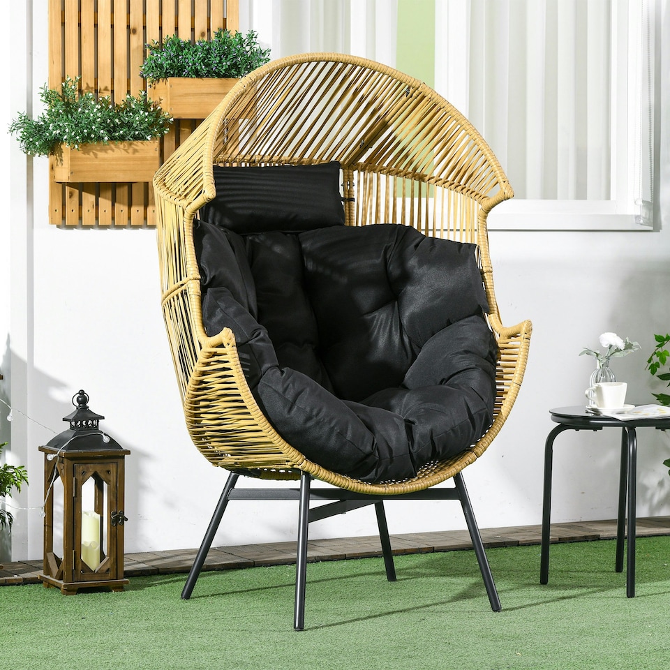 image 1 of Outsunny Rattan Leisure Chair w/ Cushion, Garden Egg Chair with Headrest, Sand