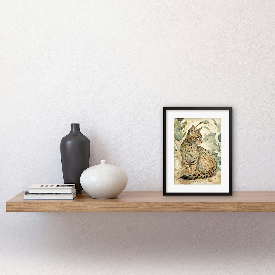 image 1 of Spotted Fur Coat Bengal Cat Nature Pastel Watercolour 9x7" Black Framed Wall Art Print