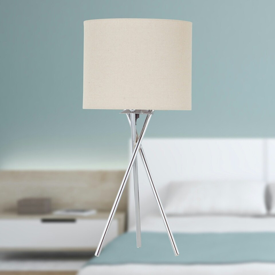 image 1 of Set of 2 Tripod - Polished Chrome Lamps with Natural Linen Shade Chrome | Brown