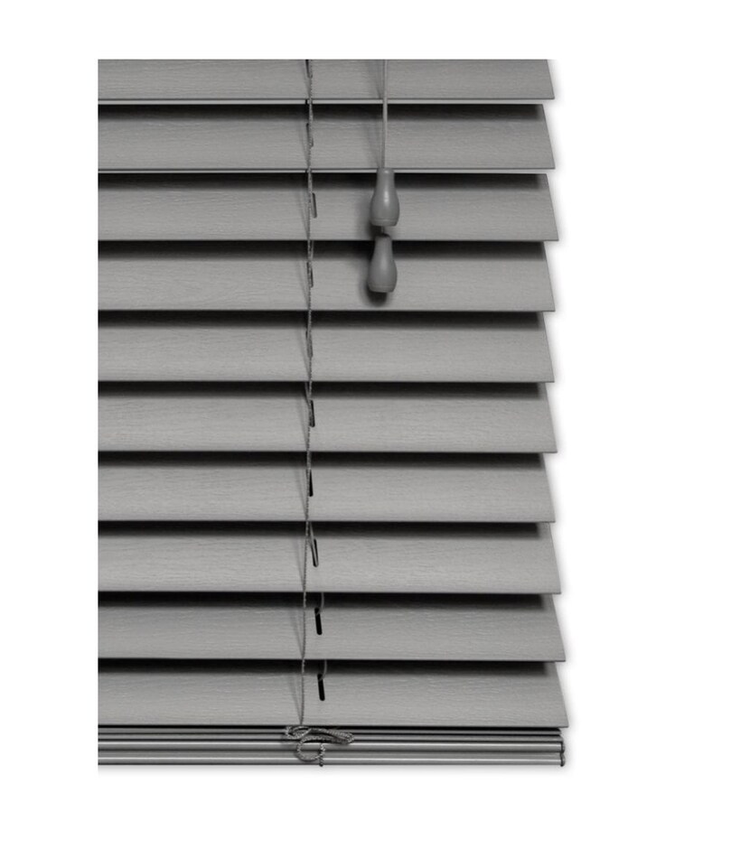 image 1 of 50mm Slat Grey Grained Faux Wood Venetian Blind With Strings 150cm Drop | Grey | Grey