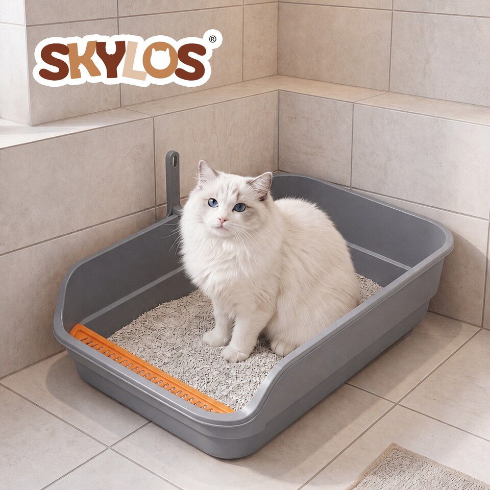image 1 of Skylos Cat Litter Tray Spacious High Sided Low Entry Open Pan for Cats Grey