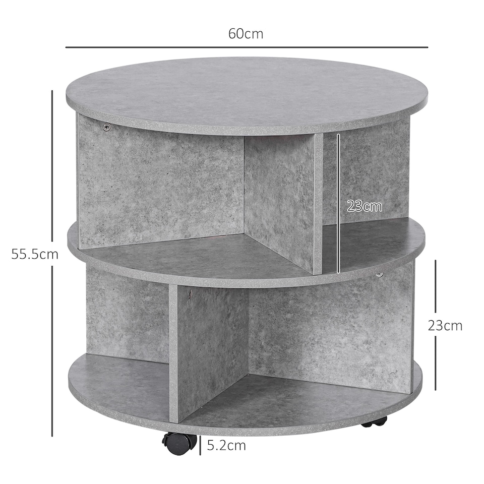 image 1 of HOMCOM Round Coffee Table, Movable Centre Table with Divided Shelves and Rolling Wheels, 3 Tier Living Room Table, Cement Colour | Grey