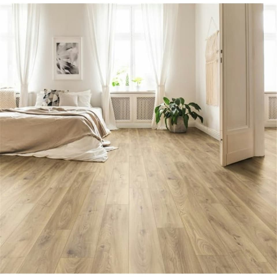 image 1 of PACK OF 10 (Total 10 Units) - Medium Oak 12mm Thick Laminate Flooring (14.8m2 Coverage)