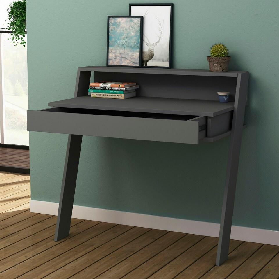 image 1 of Cowork Modern Desk Anthracite Grey Wall Mounted With Drawer 94cm Wide Grey