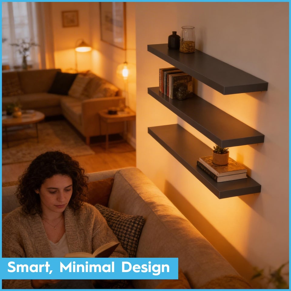 image 1 of Harbour Housewares 100cm Floating Wall Shelf - Photo Gallery Bookshelf Wall Shelves for Storage & Display | Brown | Brown