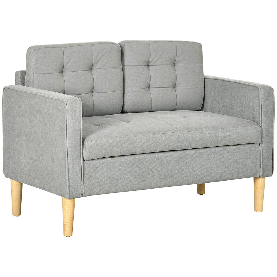 image 1 of HOMCOM Modern 2 Seater Sofa with Hidden Storage, 117cm Tufted Cotton Couch with Wood Legs, Compact Loveseat for Living Room, Kitchen, Light Grey