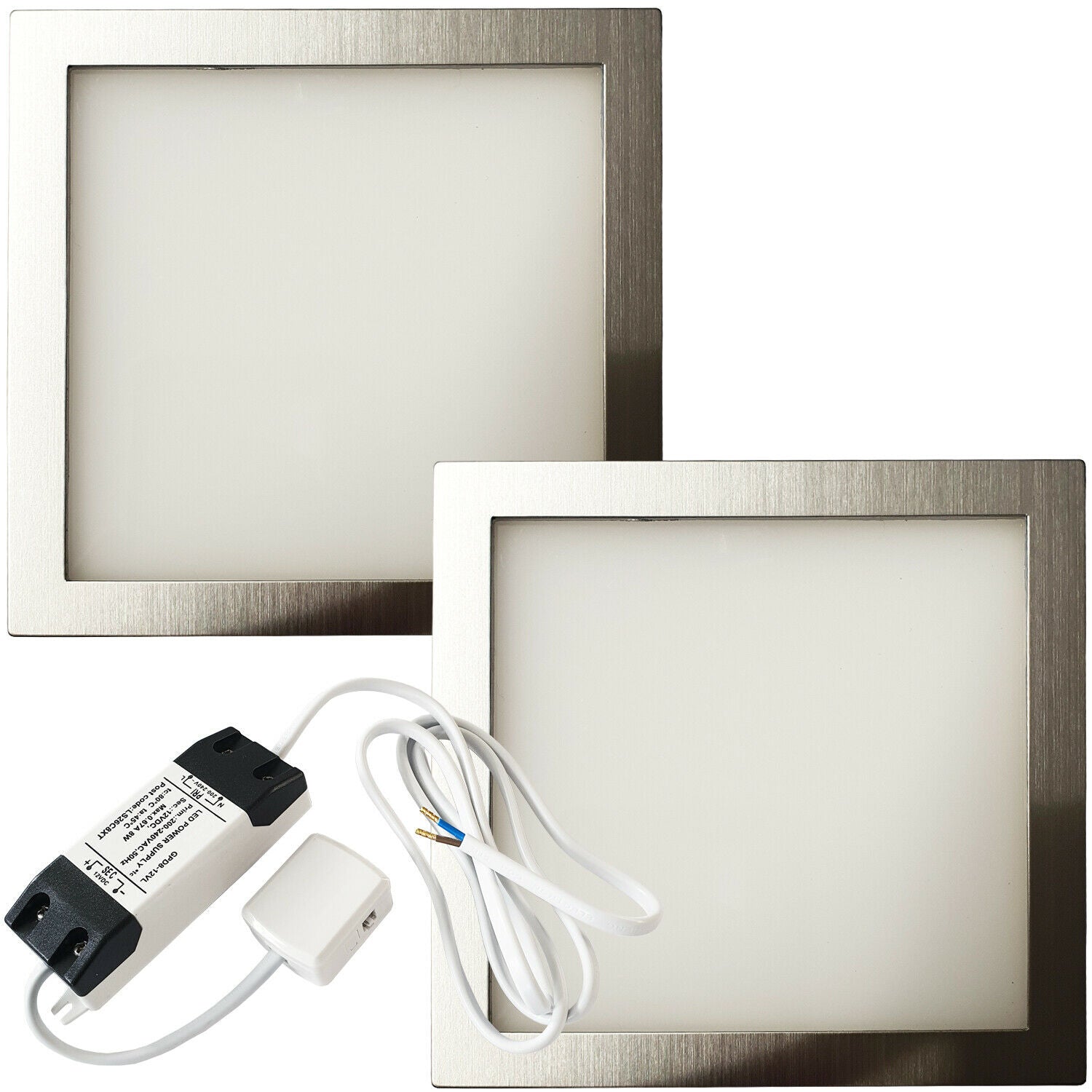 Loops 2x BRUSHED NICKEL Ultra-Slim Square Under Cabinet Kitchen Light & Driver Kit - Warm White LED in Metallics