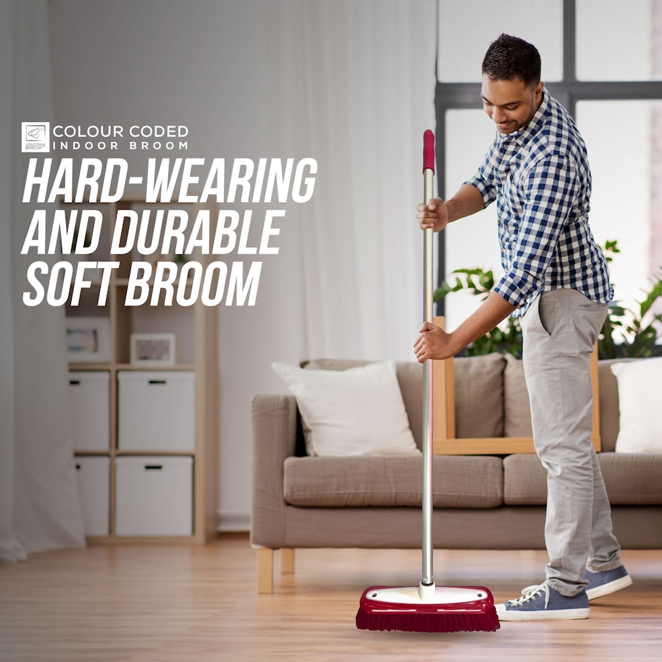 image 1 of Colour Coded Indoor Sweeping Broom with Scraper