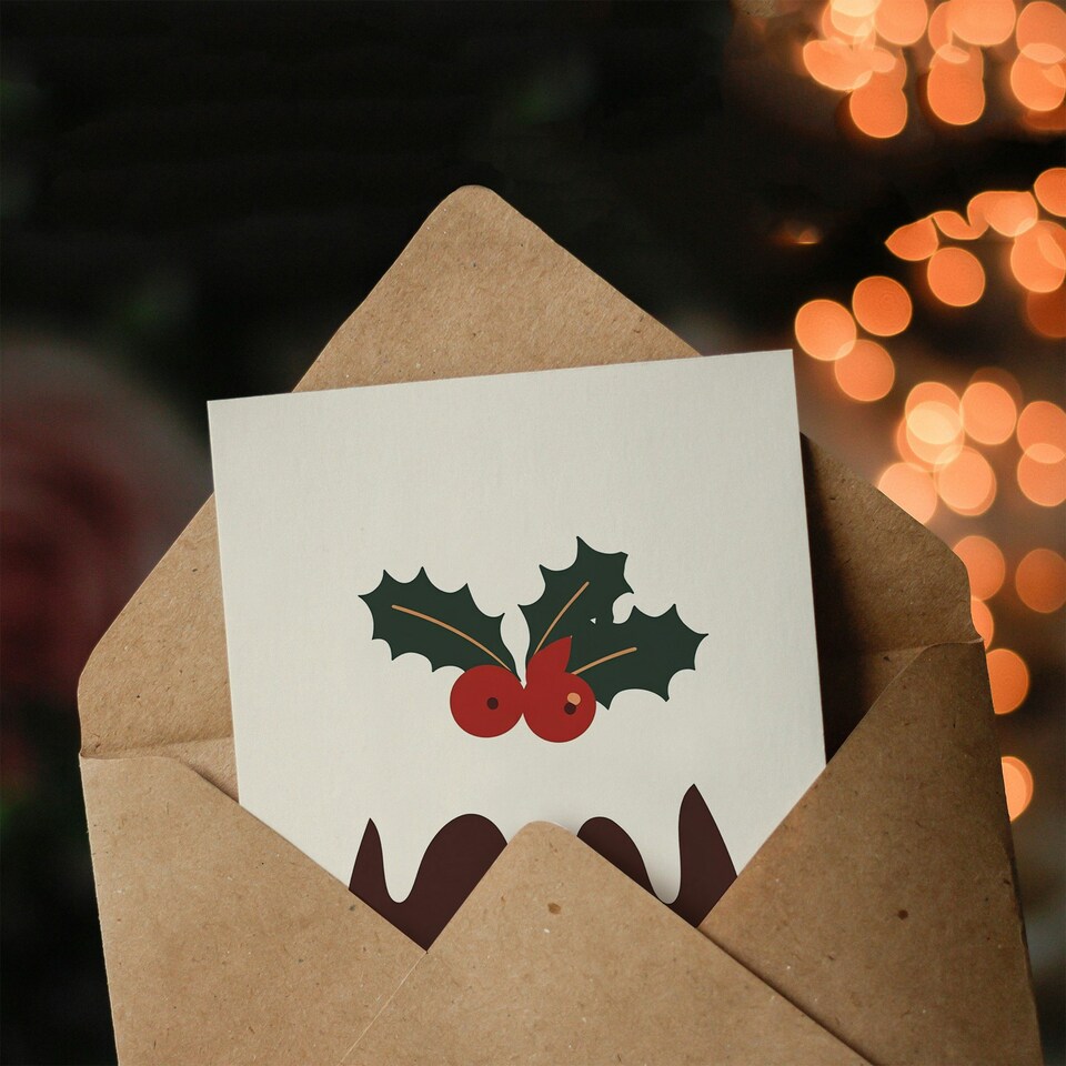image 1 of Cake Pudding Holly Icing Modern Graphic Xmas Art Blank Christmas Card
