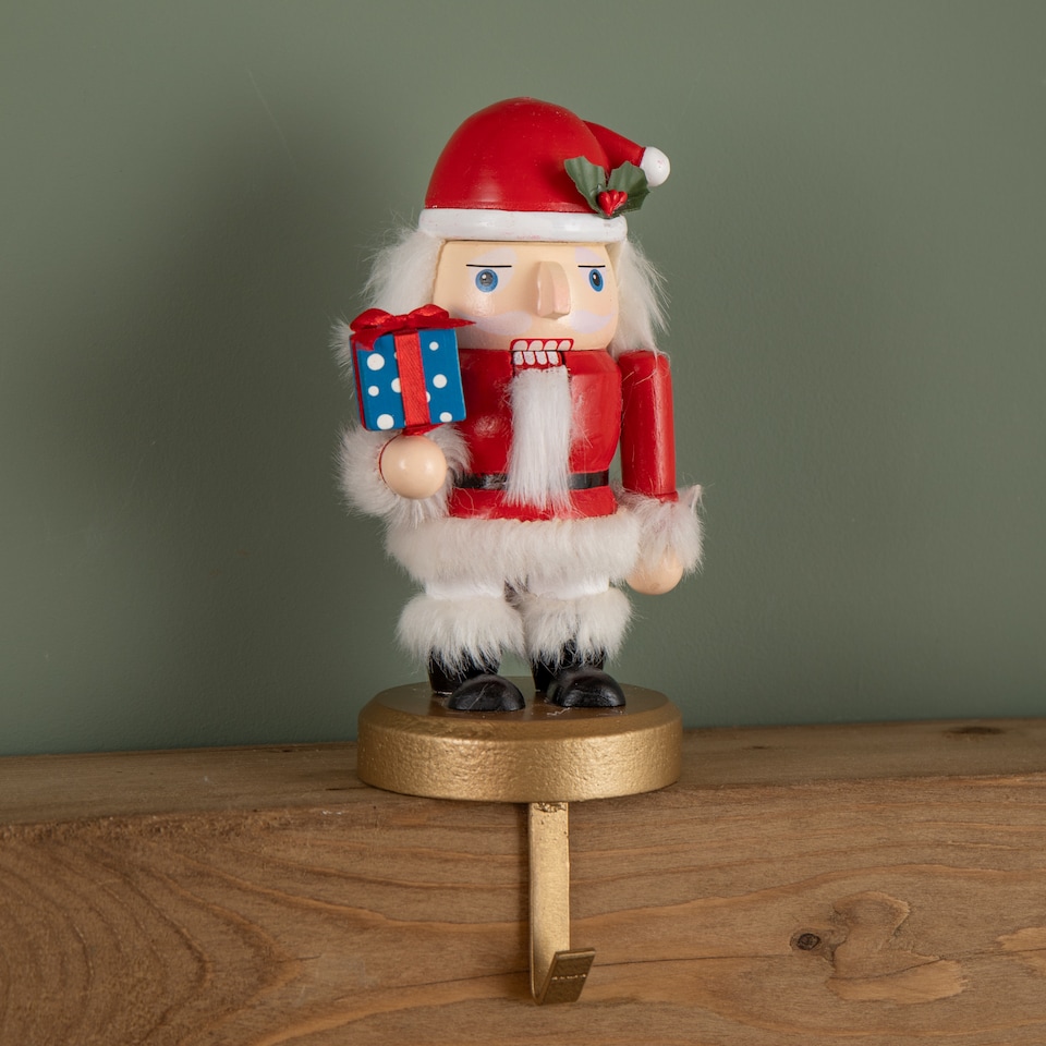 image 1 of 19cm Traditional Wooden Santa Nutcracker Christmas Stocking Holder