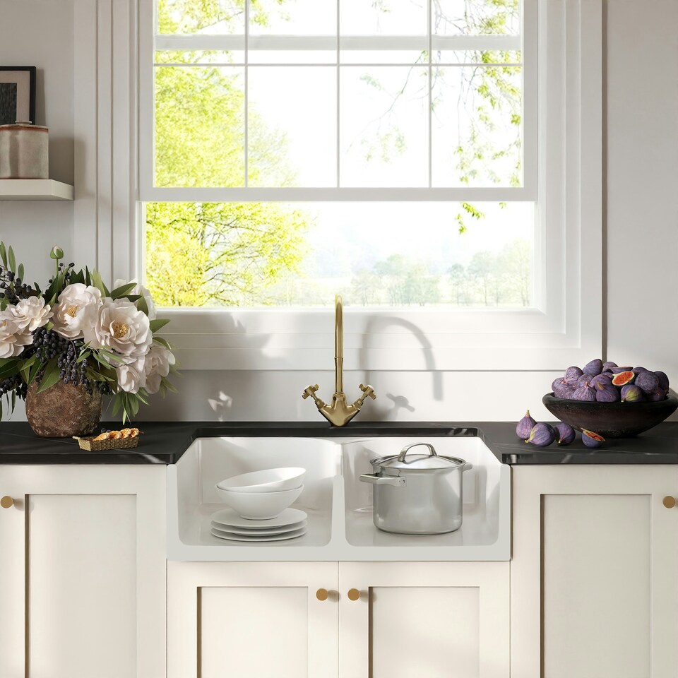image 1 of Fireclay Kitchen Bundle - Double Bowl Stepped Weir Butler Sink, Wastes & Mono Crosshead Tap, 795mm - Brushed Brass - Balterley