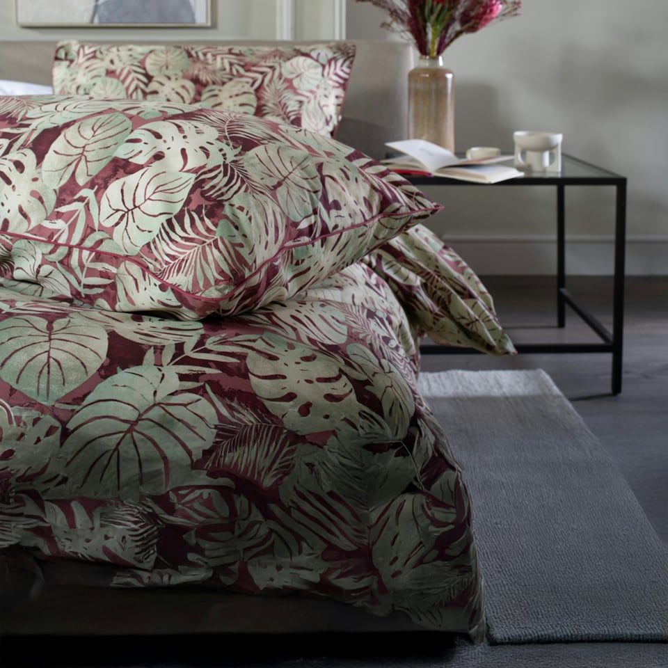 image 1 of Tropical Garden Red 180 Thread Count 100% Cotton Duvet Cover Set with Piped Finish Red | Red | Double