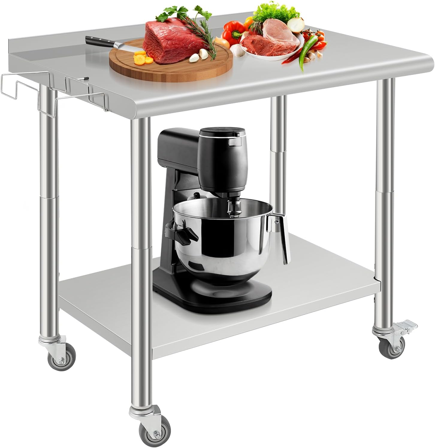 London Boutique Stainless Steel Prep Work Table, Commercial Table with Wheels, Backsplash and Removable Trash Bag Holder, Rounded Edge, 36 x 24 x 35 i