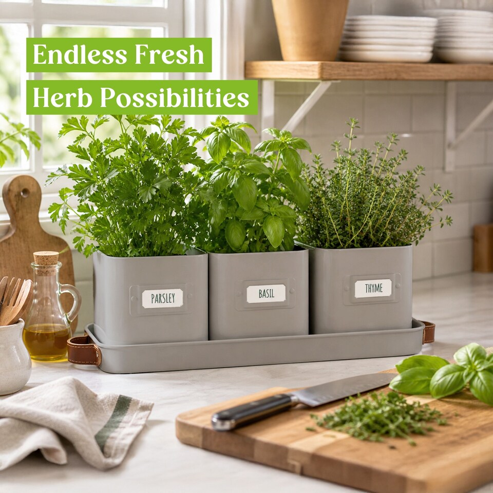 image 1 of Set of 6 Grey Indoor Herb Pots with Tray