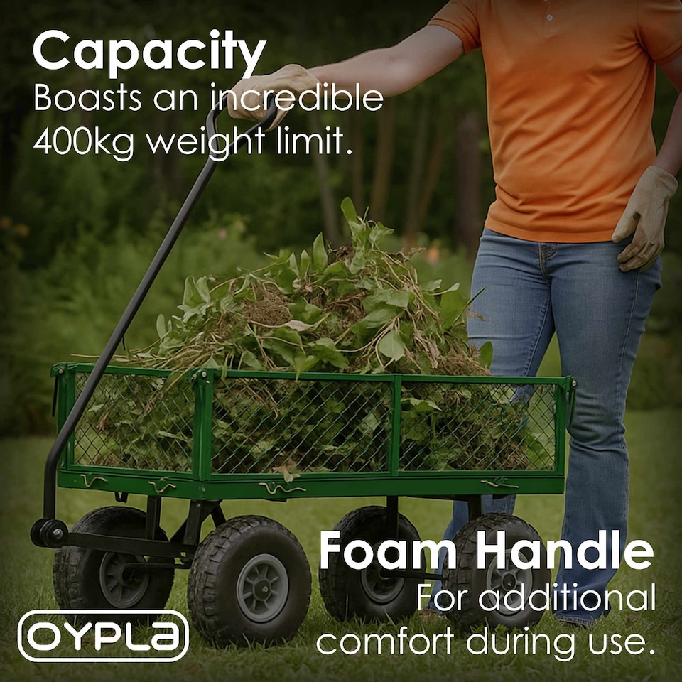 image 1 of Heavy Duty Metal Gardening Trolley - Green Trailer Cart