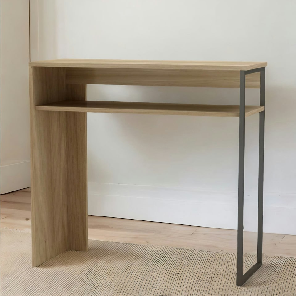 image 1 of 2 Tier Hallway Console Table With Steel Frame Oak Brown