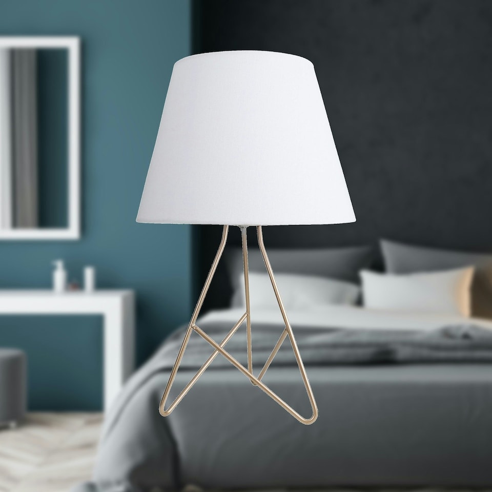 image 1 of First Choice Lighting Tripod Gold 42cm Table Lamp With White Fabric Shade Gold | White