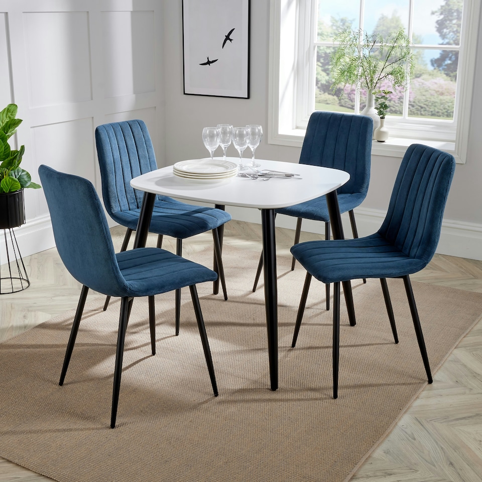 image 1 of Aspen White 80cm Square Dining Table with 4 Upholstered Cord Fabric Diamond Stitch Chairs - Stylish Compact Dining Set | Blue | Blue | 1