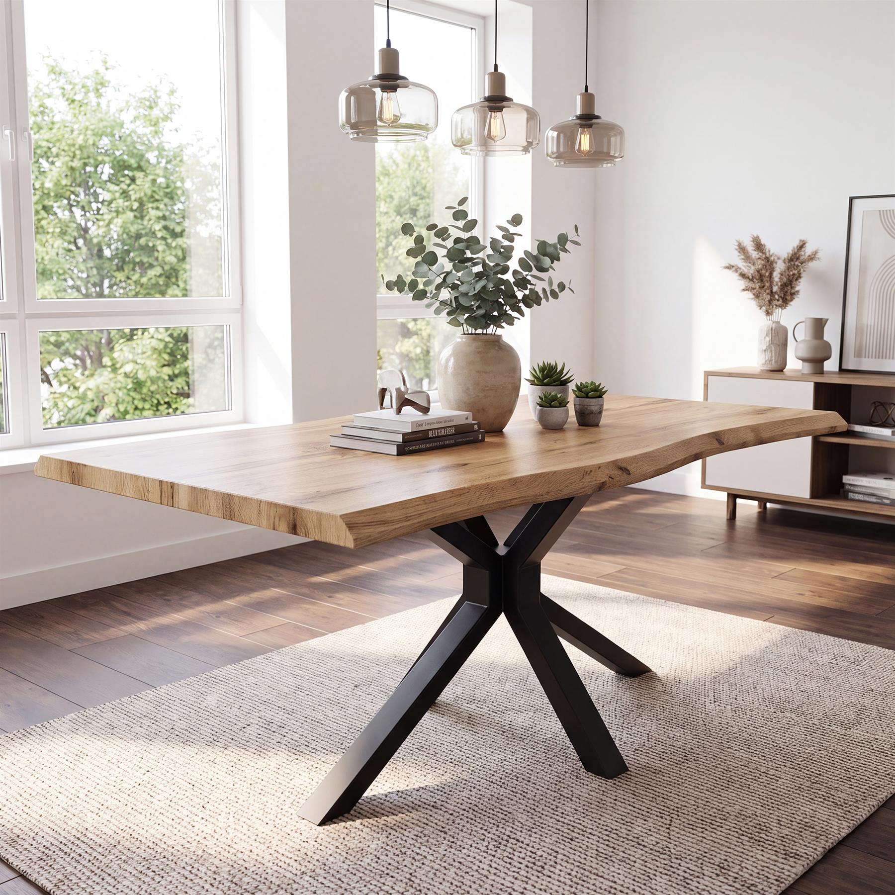 Durable Wooden Dining Table with X-Shaped Iron Legs, Curved Edge for Dining, Work, or Study (Length 140cm)