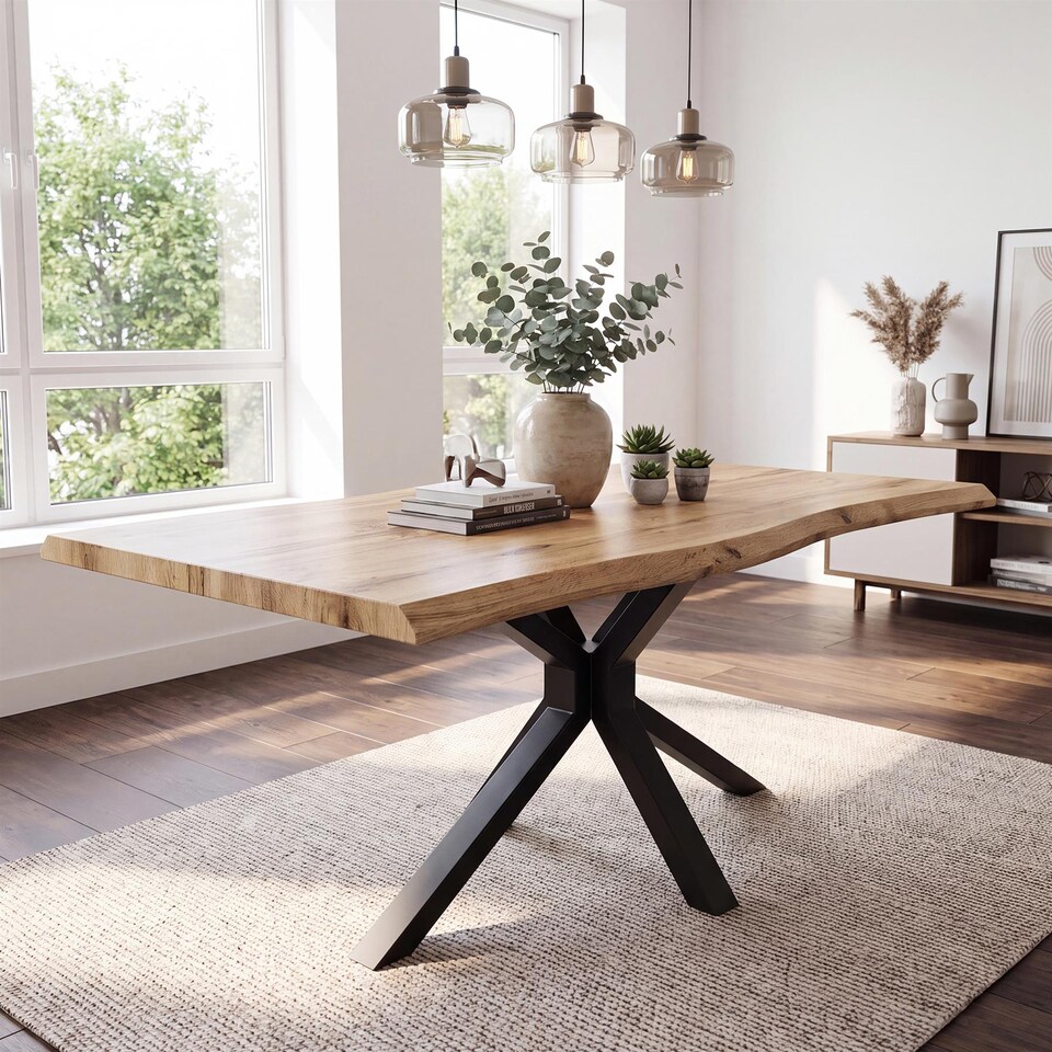 image 1 of Durable Wooden Dining Table with X-Shaped Iron Legs, Curved Edge for Dining, Work, or Study (Length 140cm)