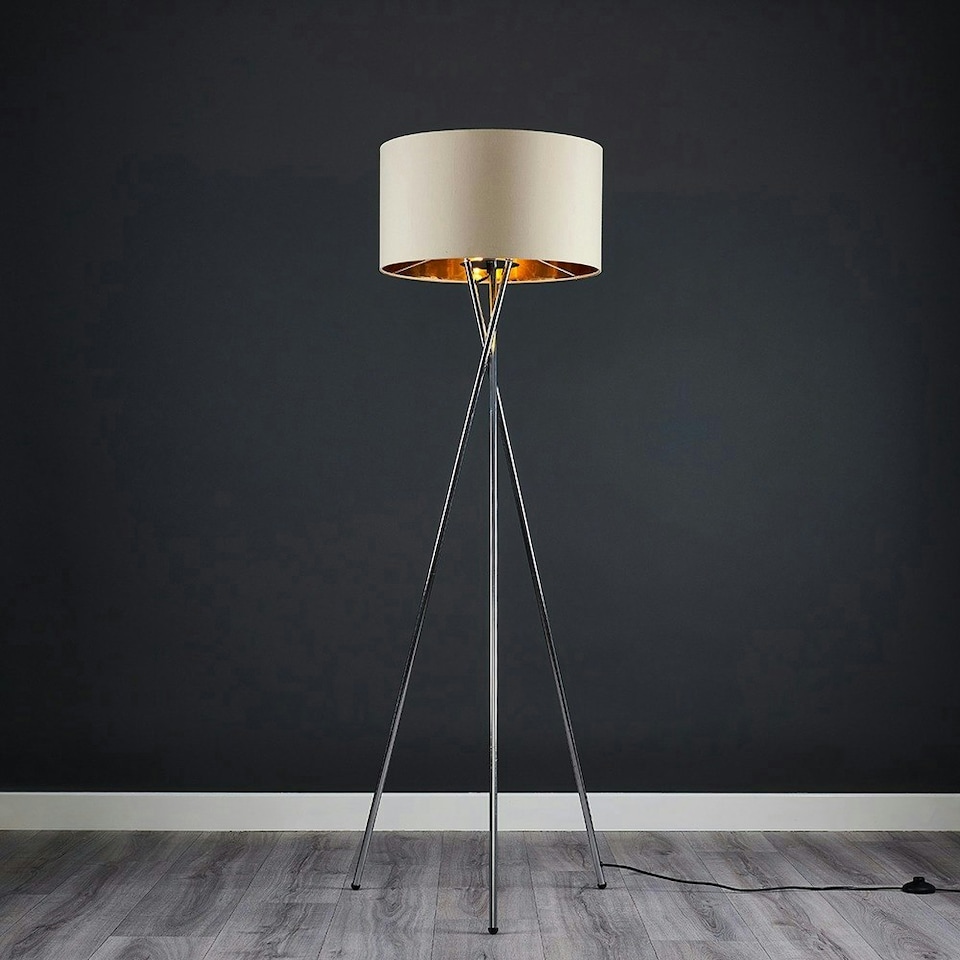 image 1 of ValueLights Camden Chrome Tripod Floor Lamp Beige & Gold Shade & Bulb | Cream