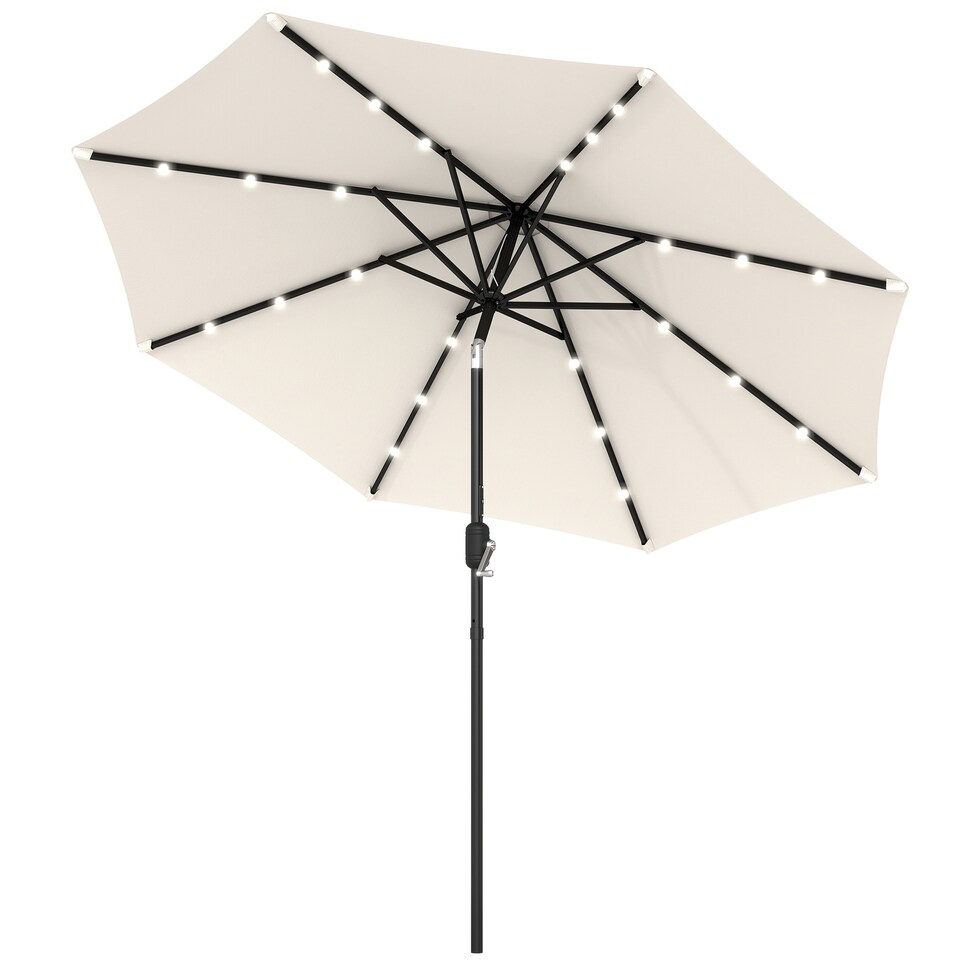 image 1 of Outsunny 2.7m Garden 24 LED Light Parasol Solar Outdoor Tilt Sun Umbrella Patio Club Party Event Manual Sun Shade w Hand Crank and 8 Ribs, Offwhite